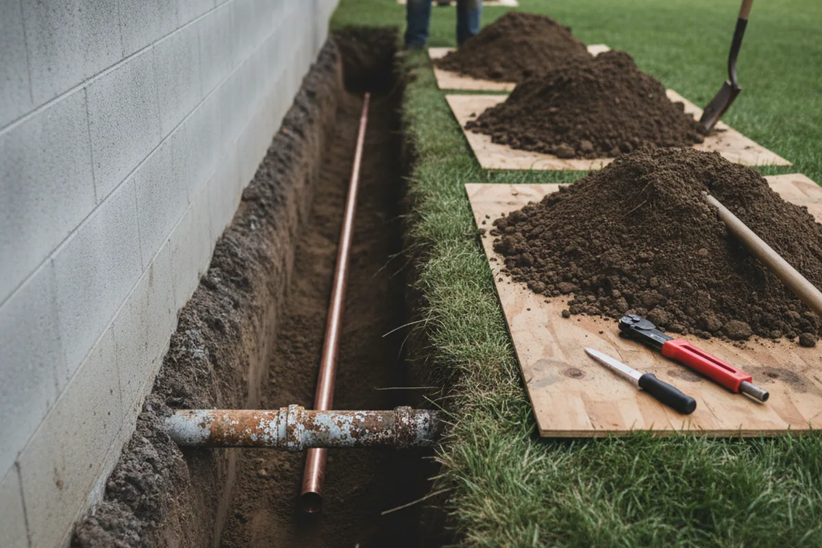 Excavated water line trench during Sewer Line Repair in Miami